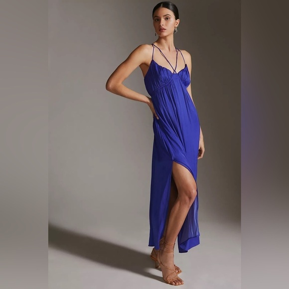 Anthropologie Halter Side-Slit Blue Maxi Dress XL